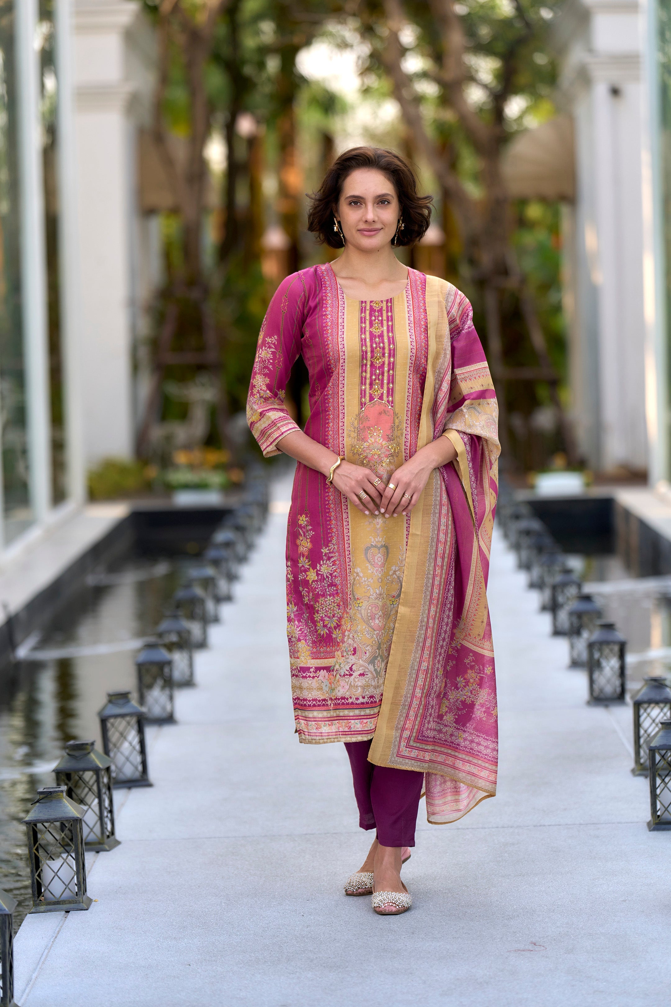 Beige & Magenta Silk Blend Kurti Set with Woven Zari Motifs & Printed Dupatta